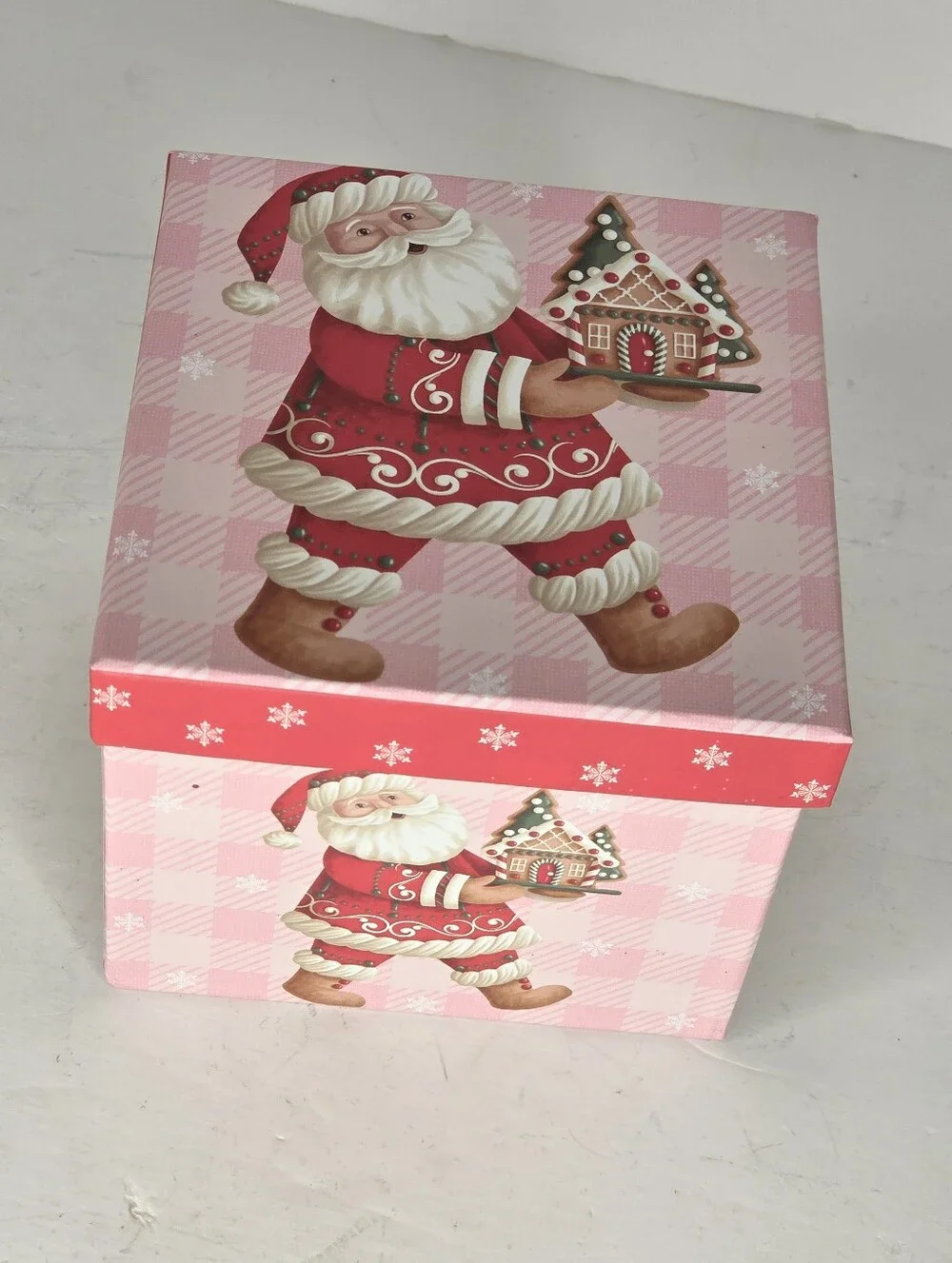 Pastel Pink Santa Claus Gingerbread Gift Box Holiday Decor